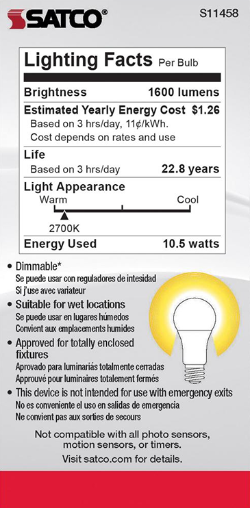 LED bulb lighting facts label showing 1600 lumens, 2700K warm light, 10.5W energy use, and dimmable features for home improvement