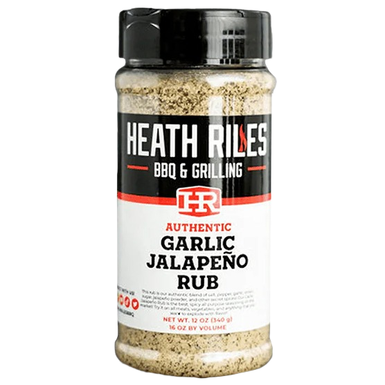 Clear plastic shaker bottle of Heath Riles Garlic Jalapeno Rub for grilling and BBQ sauces collection under $50