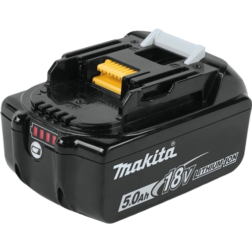 Black and gray rechargeable 18V lithium-ion battery pack with 5.0 Ah capacity for power tools and home improvement