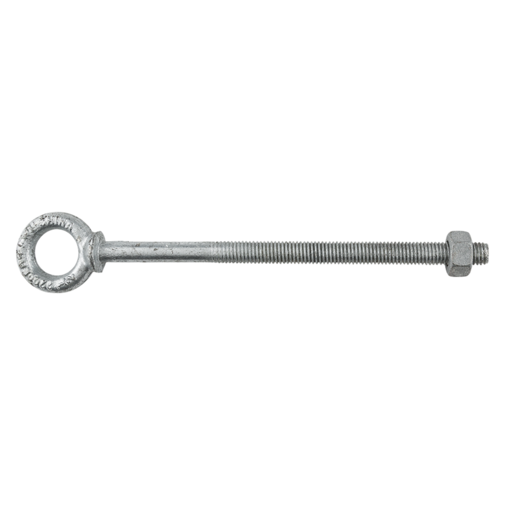 Galvanized eye bolt with threaded shaft and nut for secure fastening in hardware and fasteners collections