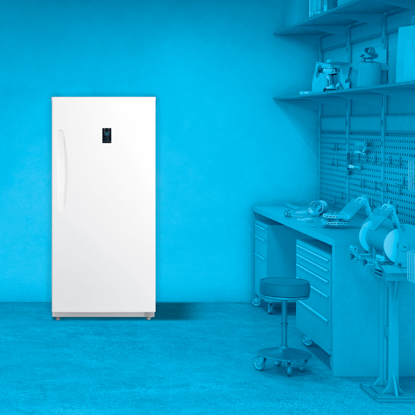 White upright convertible freezer with digital control panel in a blue-toned workshop, part of Freezers & Ice Makers at Hartville Hardware