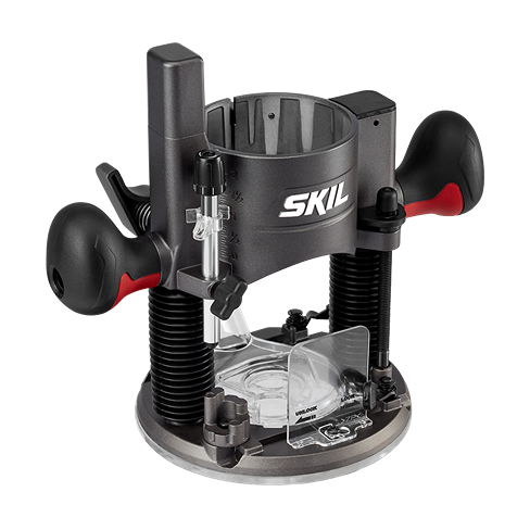 Compact plunge and fixed base router with ergonomic black and red handles designed for precision woodworking projects