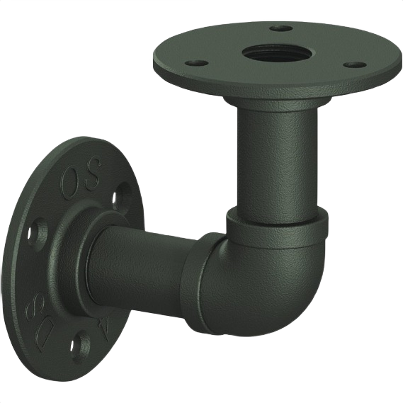 Matte black industrial elbow pipe bracket with flanged mounting for sturdy shelf support in home improvement projects