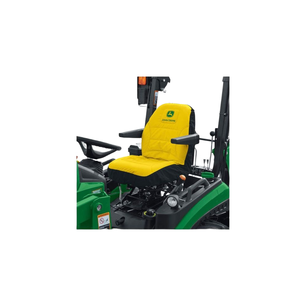 Cushioned yellow seat cover with John Deere logo for heavy-duty protection on 1025R and 2025R tractor seats