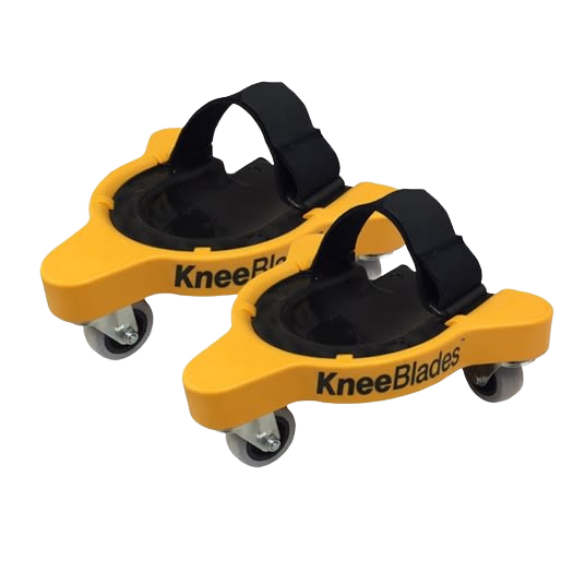 Yellow knee pads with caster wheels and adjustable straps for mobility and comfort in tools and home improvement tasks