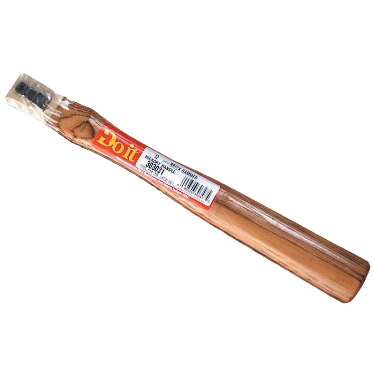 Wooden replacement handle for a 12-inch straight brick hammer, sealed in clear plastic packaging for tools and home improvement.