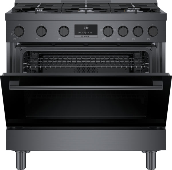 36-inch black stainless steel dual fuel freestanding range with open door and metal knobs at Hartville Hardware