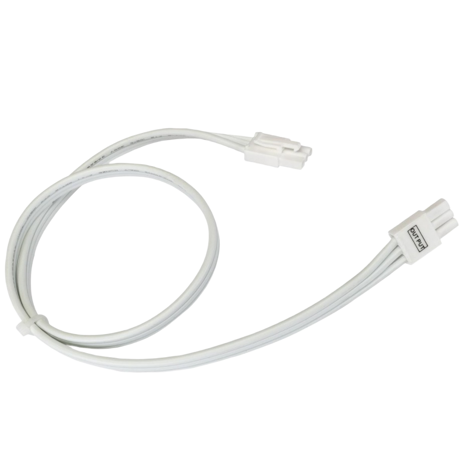 White 24-inch linkable cable with connectors for under cabinet lighting and electrical lamp accessories in home improvement.