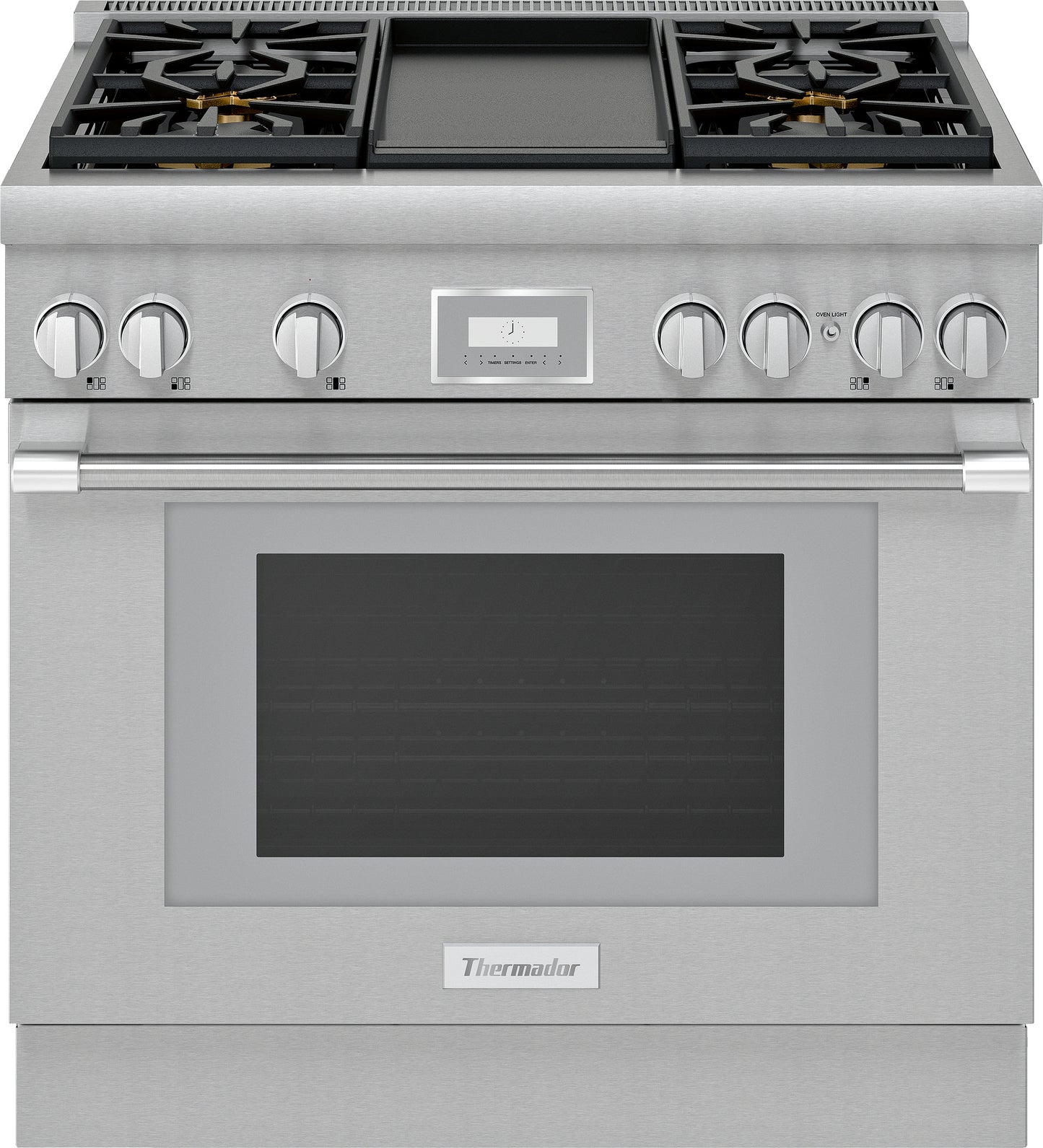 Front view of stainless steel 36-inch professional gas range with six control knobs and digital display in kitchen appliances collection