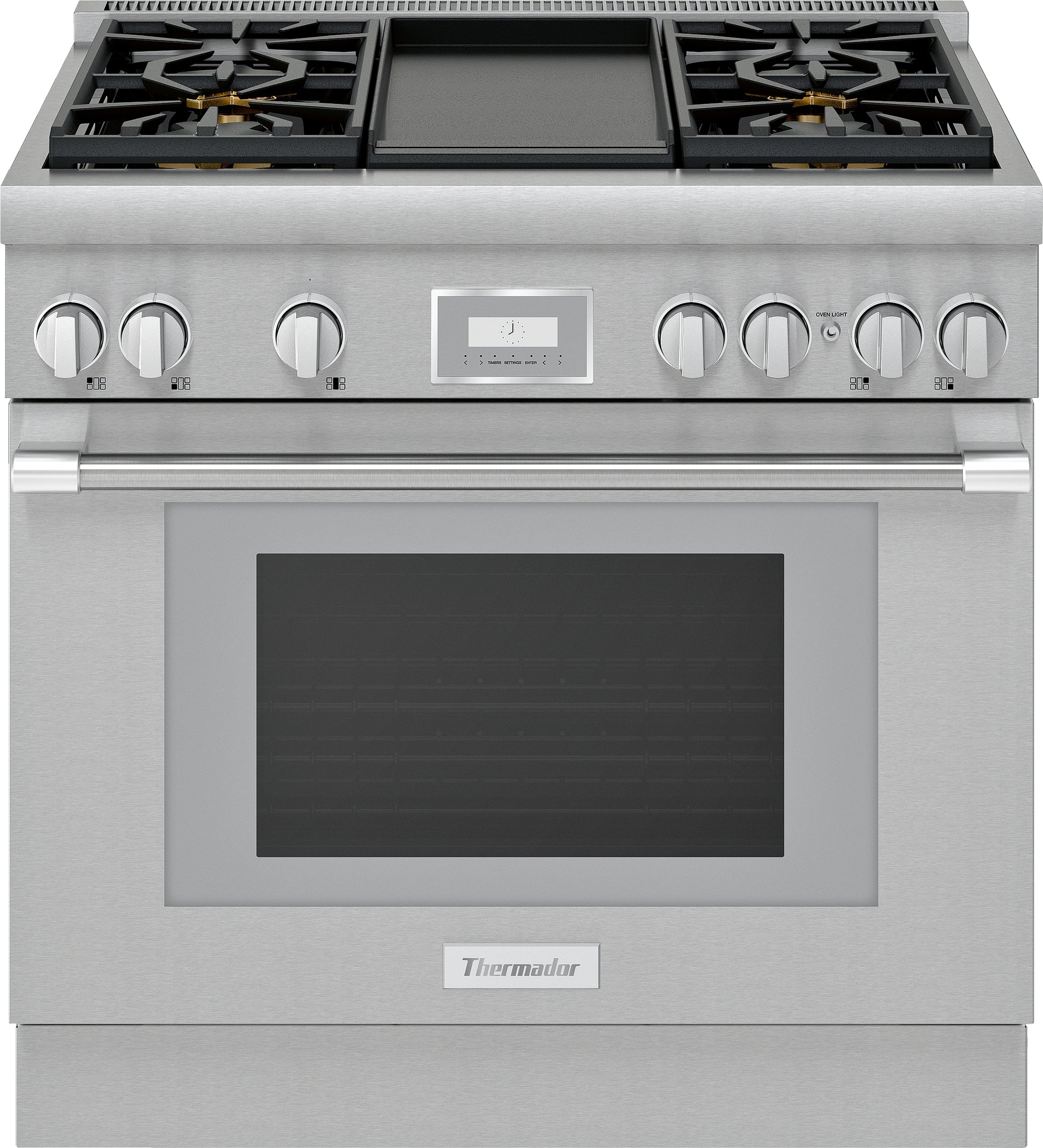 Front view of stainless steel 36-inch professional gas range with six control knobs and digital display in kitchen appliances collection