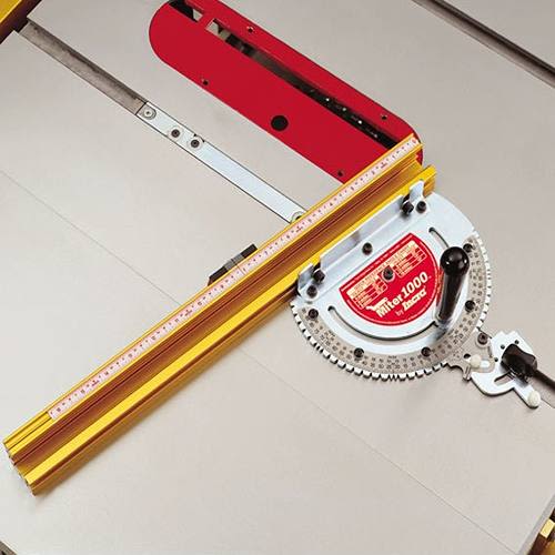 Precision miter gauge with solid-steel protractor and yellow aluminum fence for saw accessories and tool accessories collections