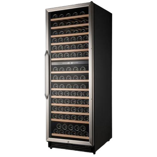 Tall black dual-zone wine cooler with stainless steel trim, wooden shelves, and digital temperature controls from Refrigerators collection