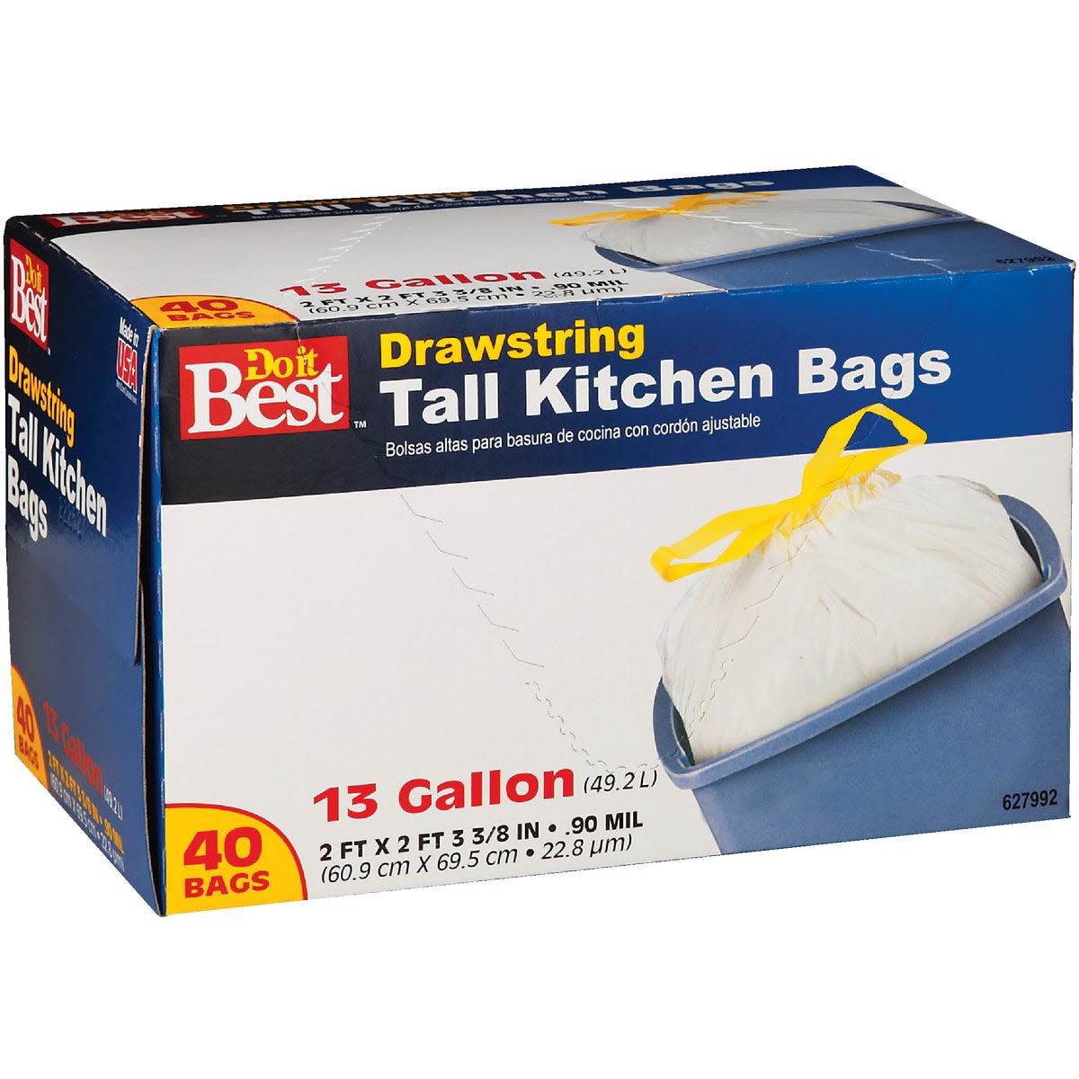 Box of white drawstring tall kitchen trash bags with yellow ties for home and commercial use