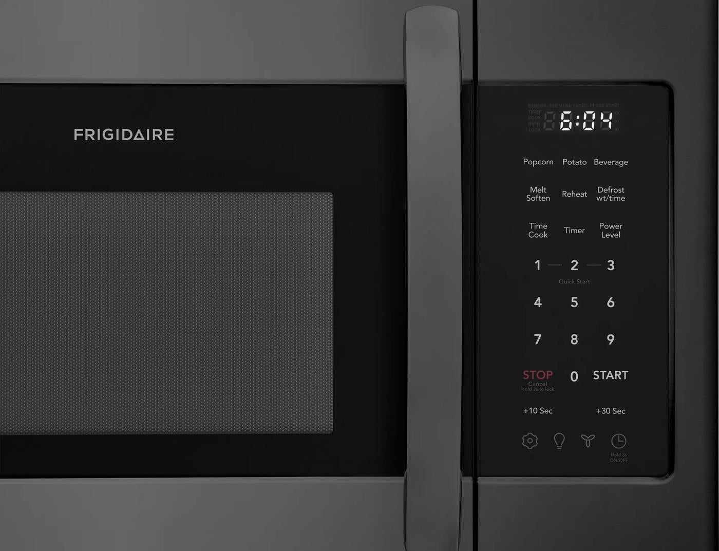 black over-the-range microwave with stainless steel handle and digital touch control panel showing timer display