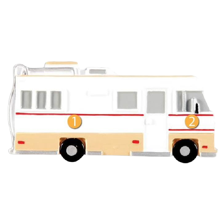 White and tan vintage RV camper ornament with red stripe, festive decoration from Christmas tree collection under $50