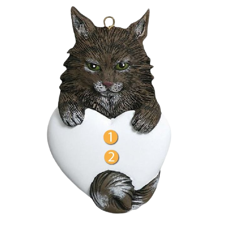 Brown Maine Coon cat ornament holding white heart, festive Christmas decoration in holiday ornament collection