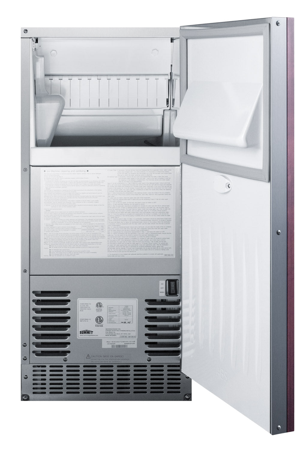 Indoor outdoor clear ice maker with open door showing interior and ventilated lower panel in Freezers & Ice Makers collection