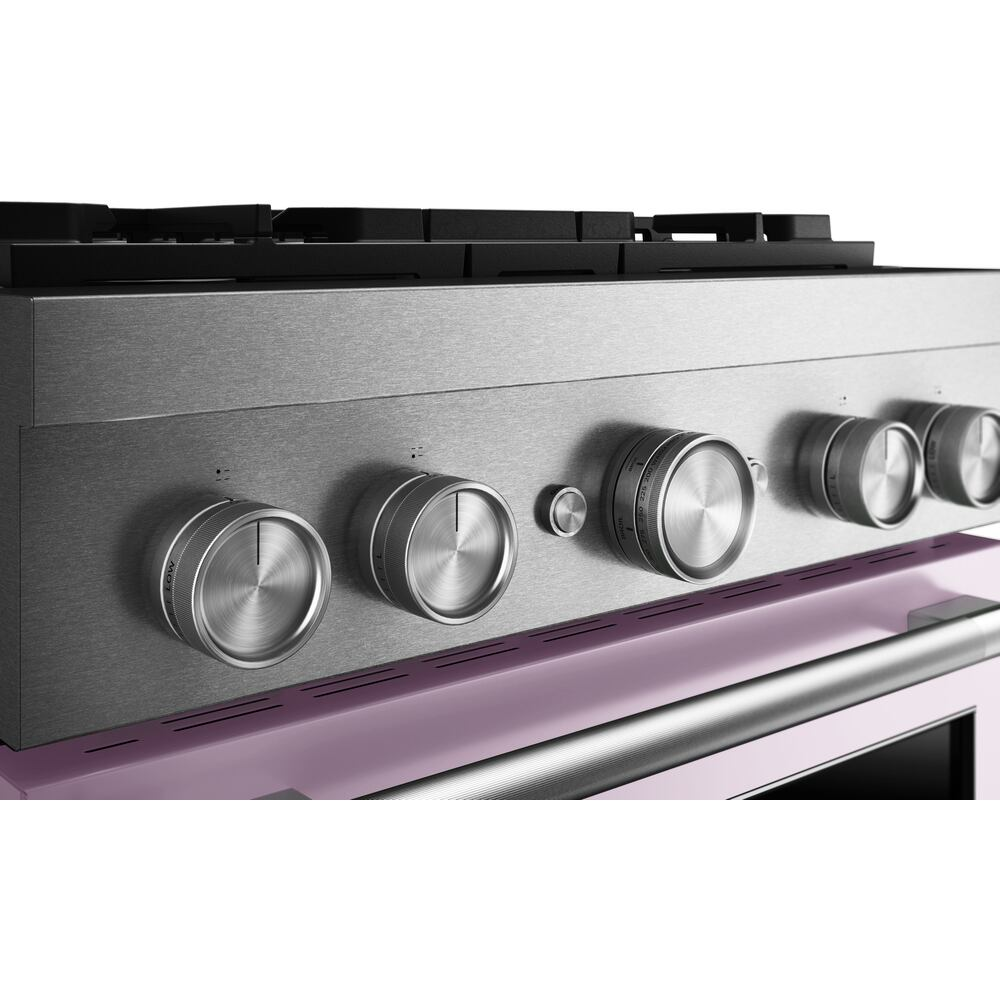Close-up of stainless steel control panel with five brushed metal knobs on a commercial-style dual fuel range.