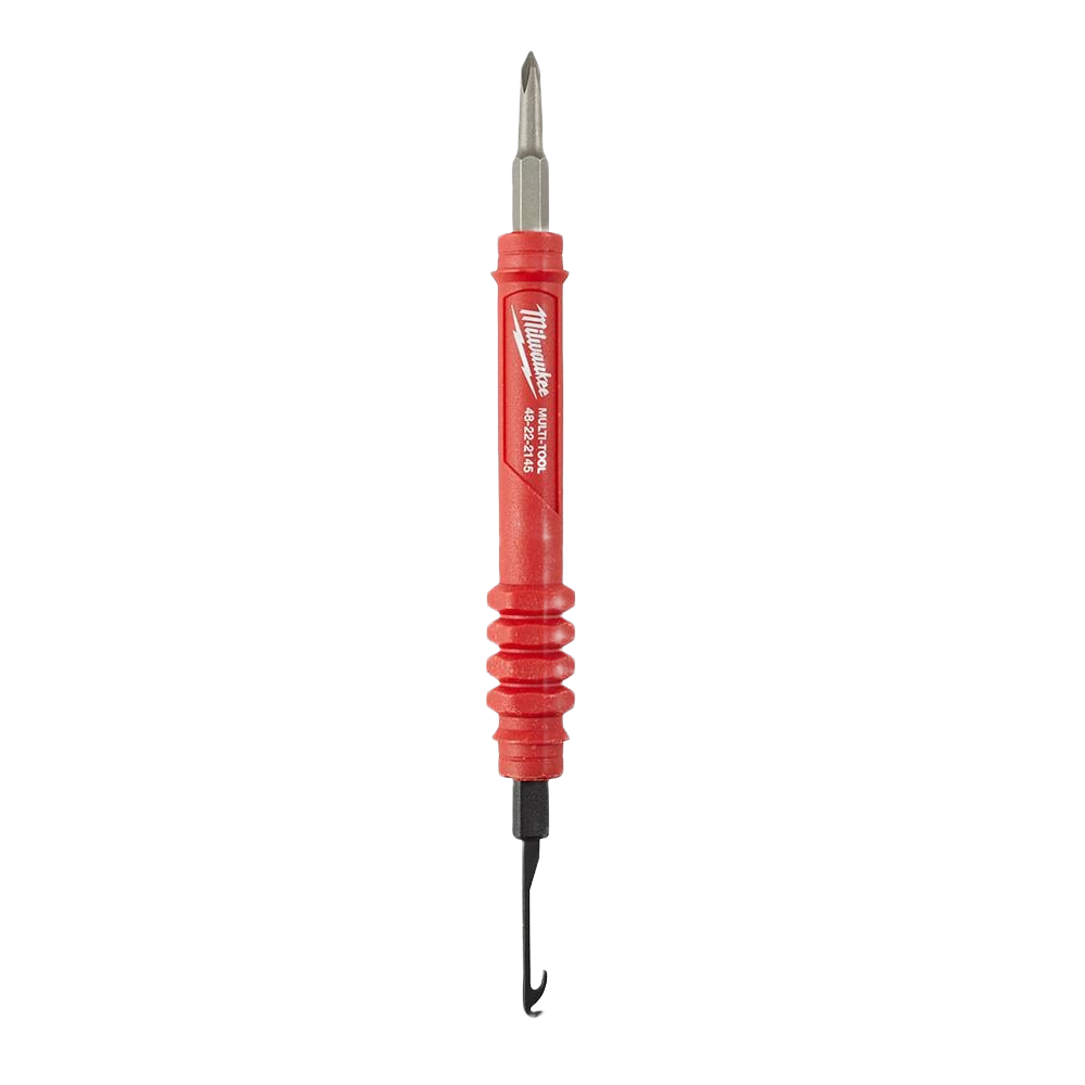Compact red multi pick tool with double-ended screwdriver and curved hook, designed for electrical hand tool tasks under $50 collection