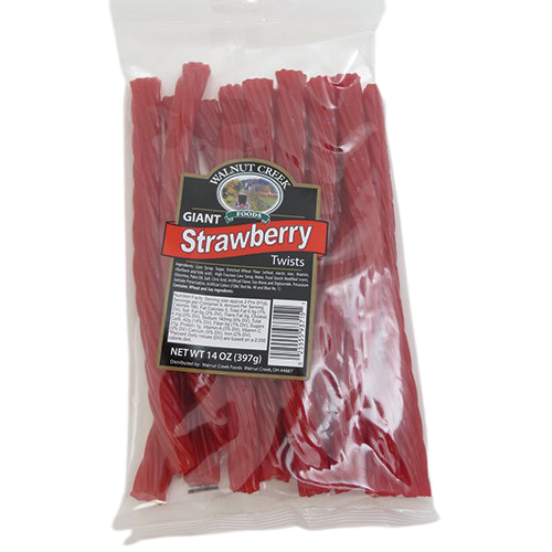 Clear bag of twisted red strawberry-flavored candy sticks for Chocolates & Candies and Food & Beverage collections under $50