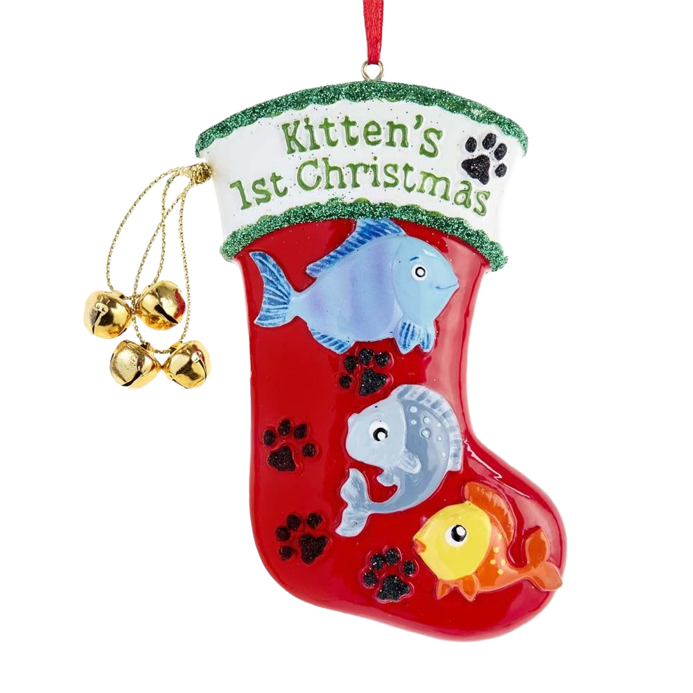 Red Christmas stocking ornament with "Kitten's 1st Christmas" text, colorful fish, pawprints, and gold bells decoration
