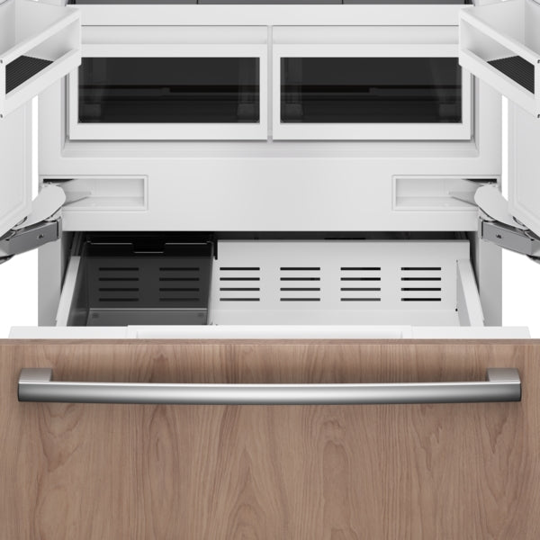 Built-in bottom freezer drawer with softclose hinge and wood panel door for seamless kitchen integration