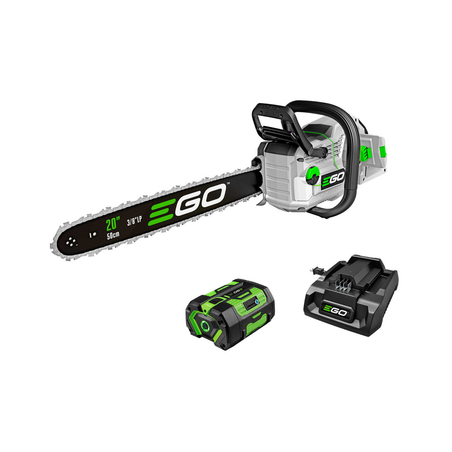 Cordless 20-inch chainsaw with battery and charger in gray and green for tools and home improvement tasks