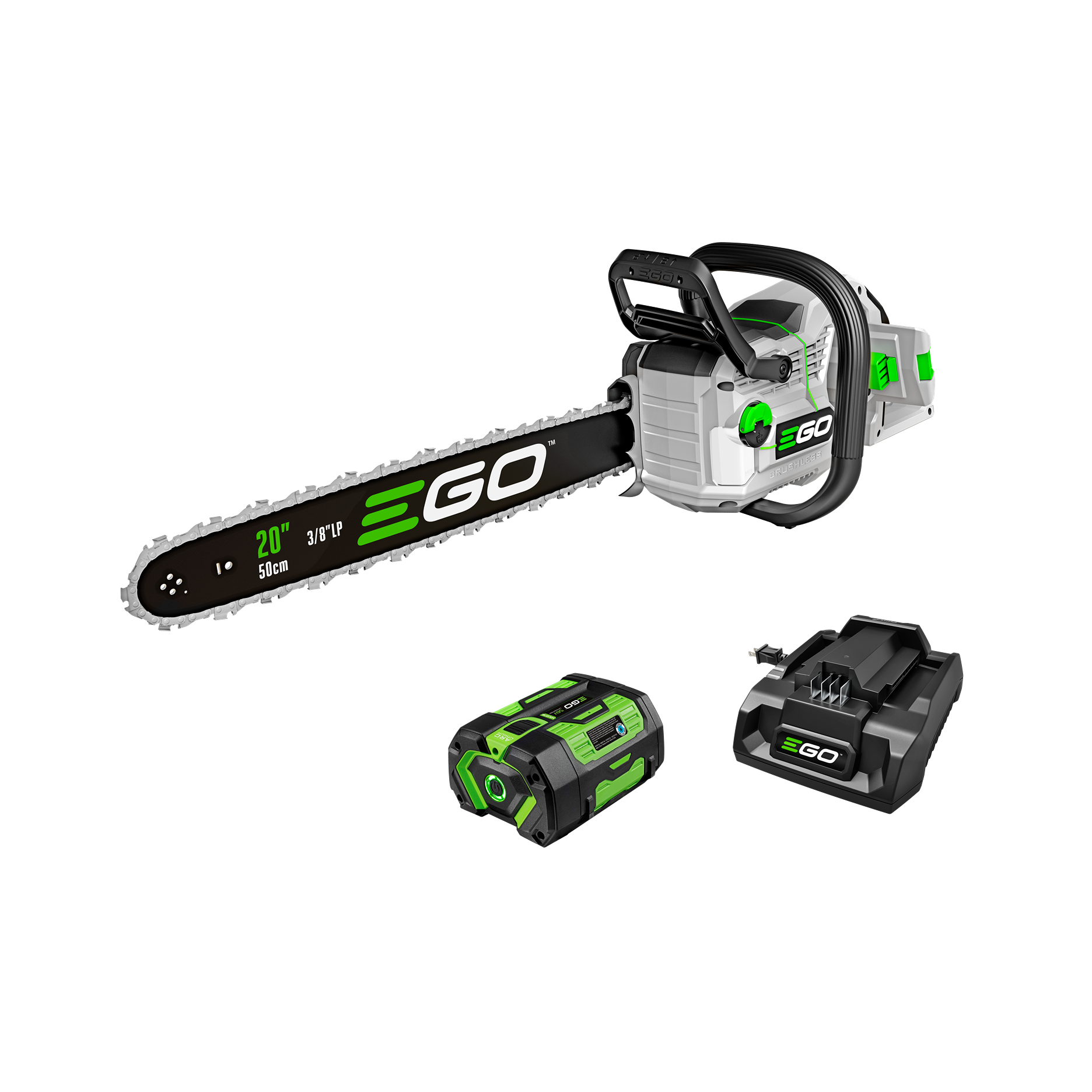 Cordless 20-inch chainsaw with battery and charger in gray and green for tools and home improvement tasks