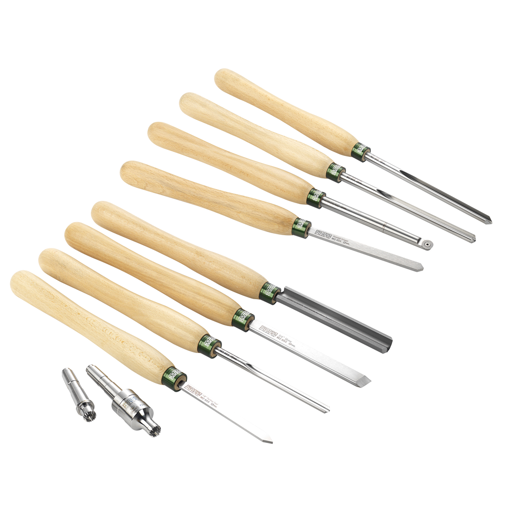 Set of woodturning tools with light wooden handles and various steel blades for woodworking tasks in woodturning tools collection
