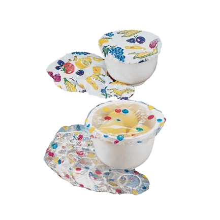 Set of reusable stretch bowl covers with colorful fruit and vegetable patterns for kitchen storage and organization