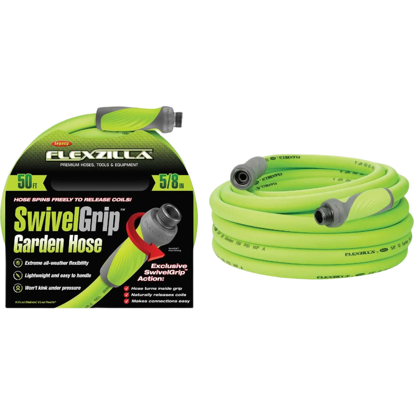 Green flexible garden hose with SwivelGrip metal connections designed for home improvement and outdoor watering tasks