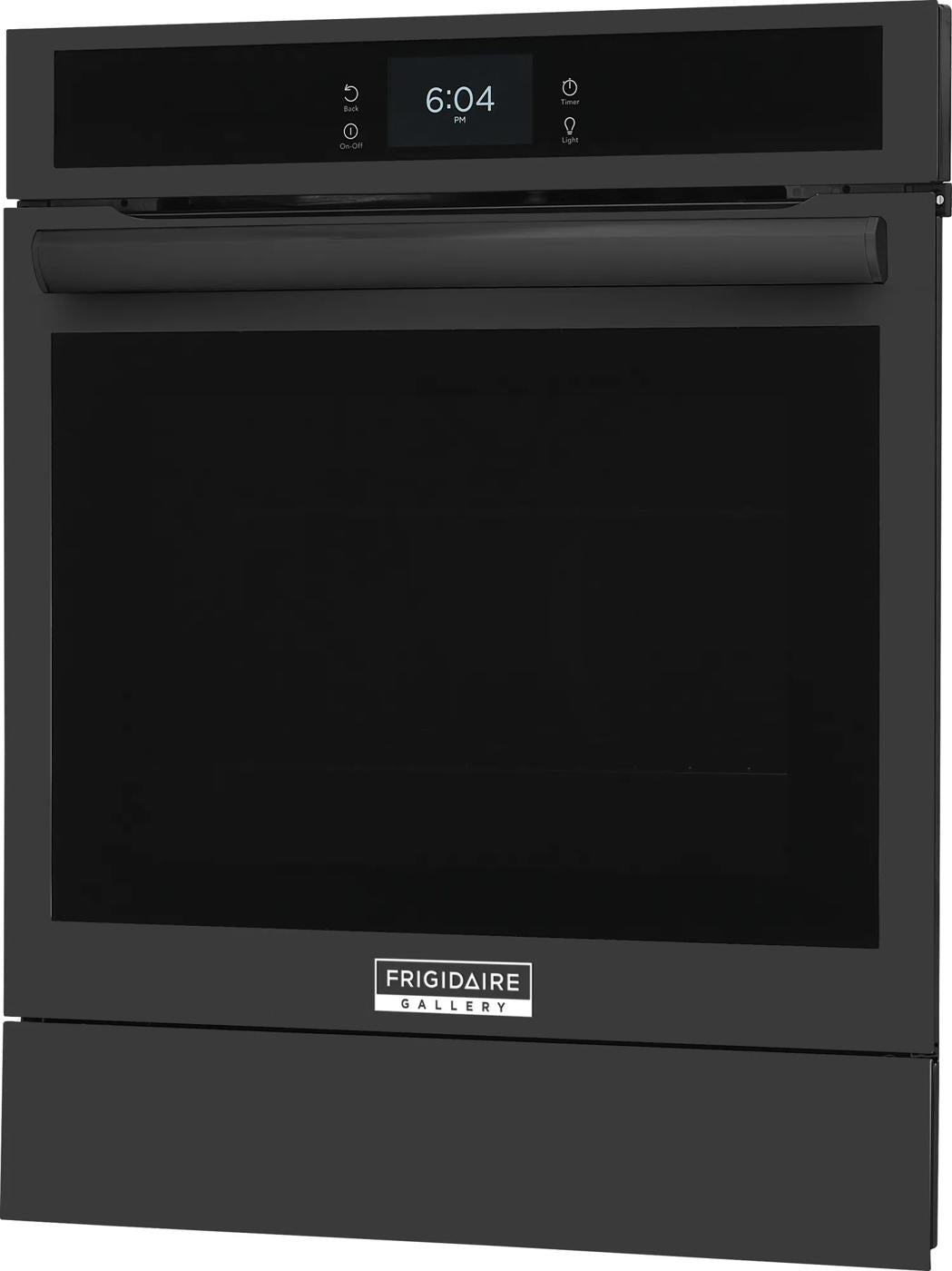 Black 24-inch single electric wall oven with digital display and sleek handle from kitchen and appliances collection
