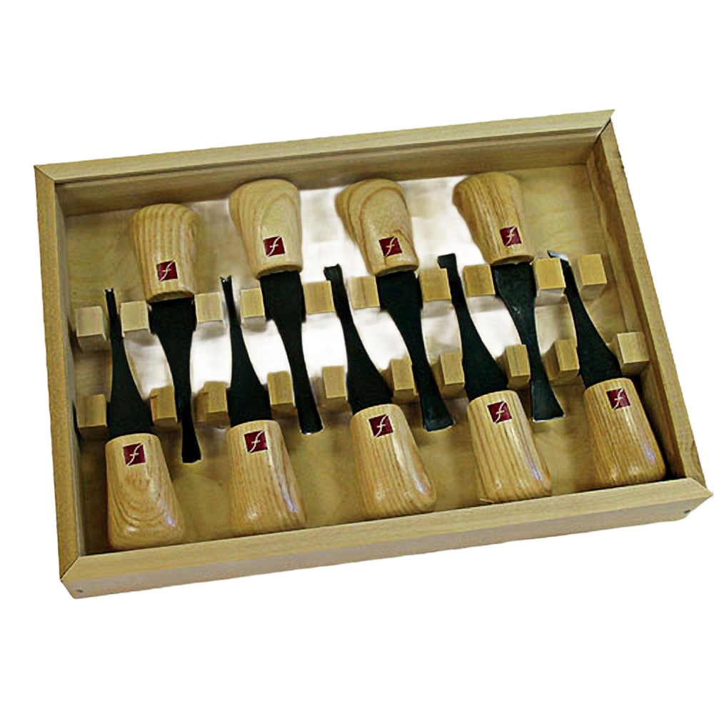 Set of nine wooden-handled palm carving tools in a wooden storage box for woodworking and hand tool collections.