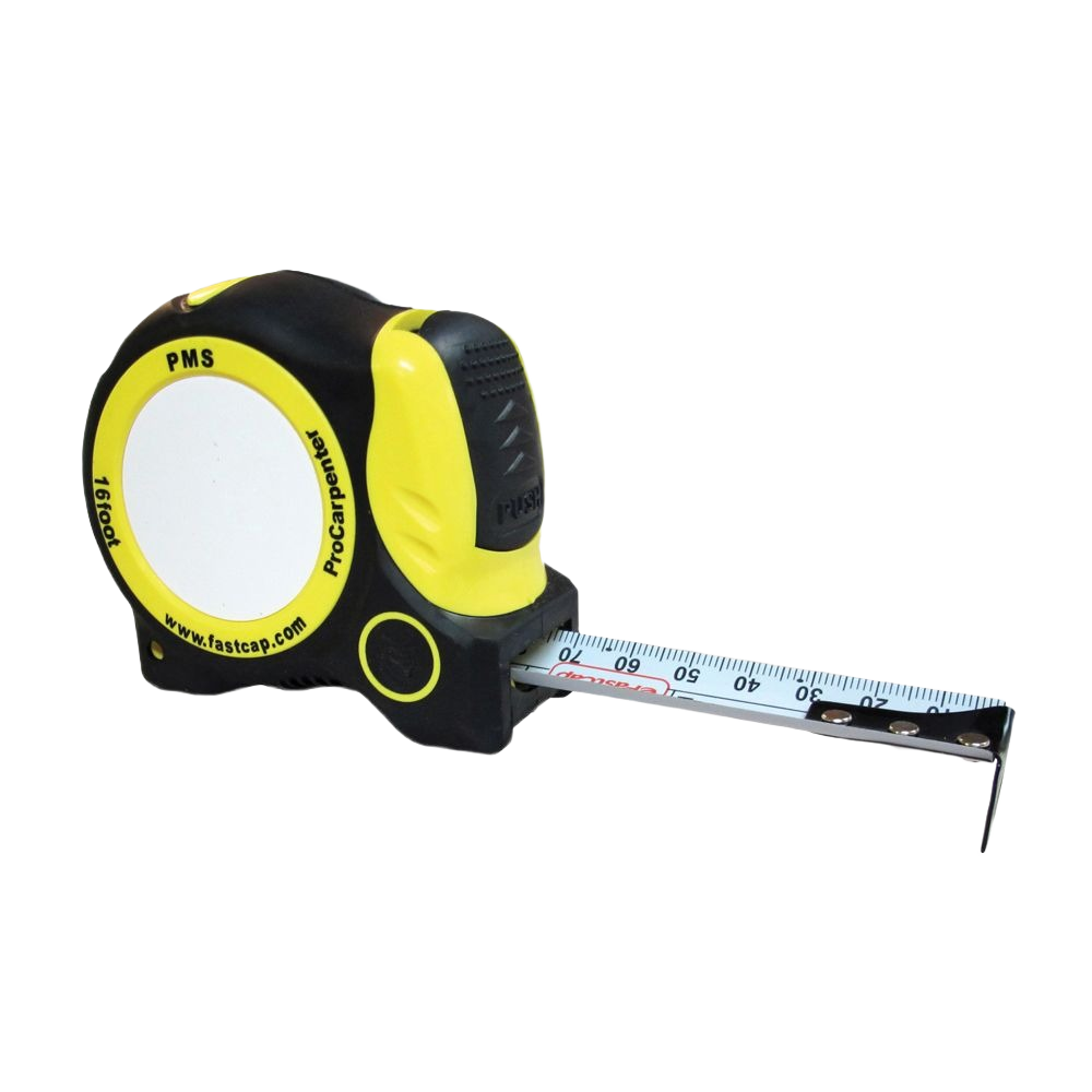 Yellow and black Fastcap tape measure with dual-display blade for woodworking and measuring tools collections
