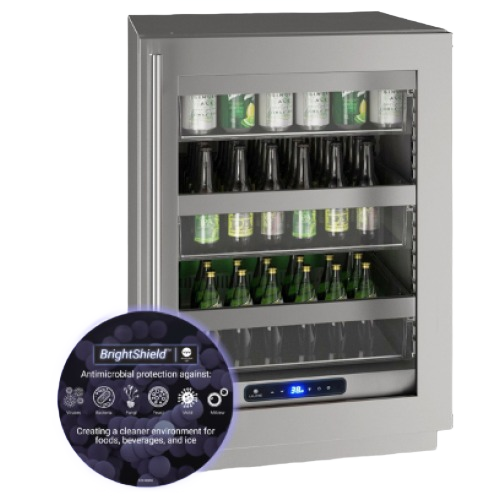 24-inch stainless steel beverage refrigerator with glass door and antimicrobial BrightShield protection in kitchen appliances collection