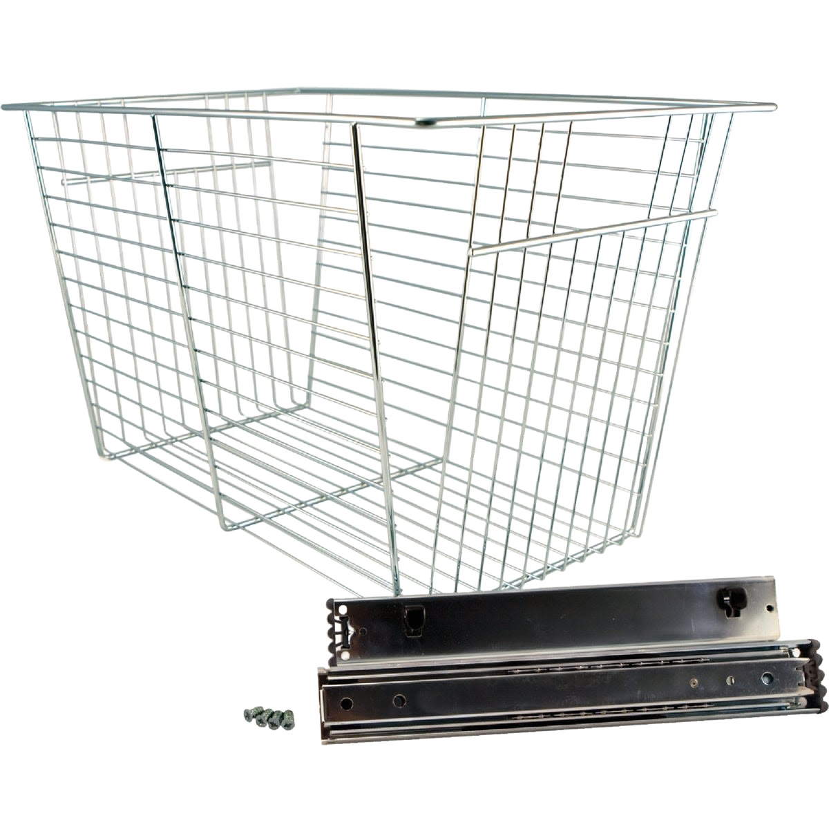 Chrome wire basket with glide hardware for closet organization in Storage & Organization and FreedomRail collections