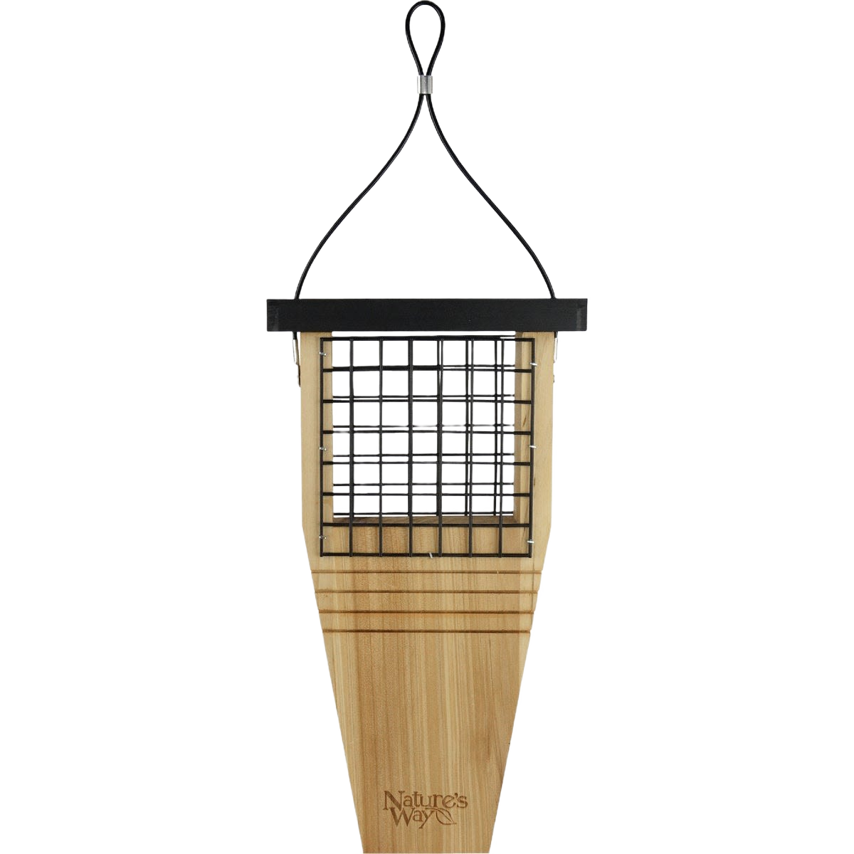 Natural cedar wood tail prop suet feeder with metal grid and hanging wire for bird feeding outdoors