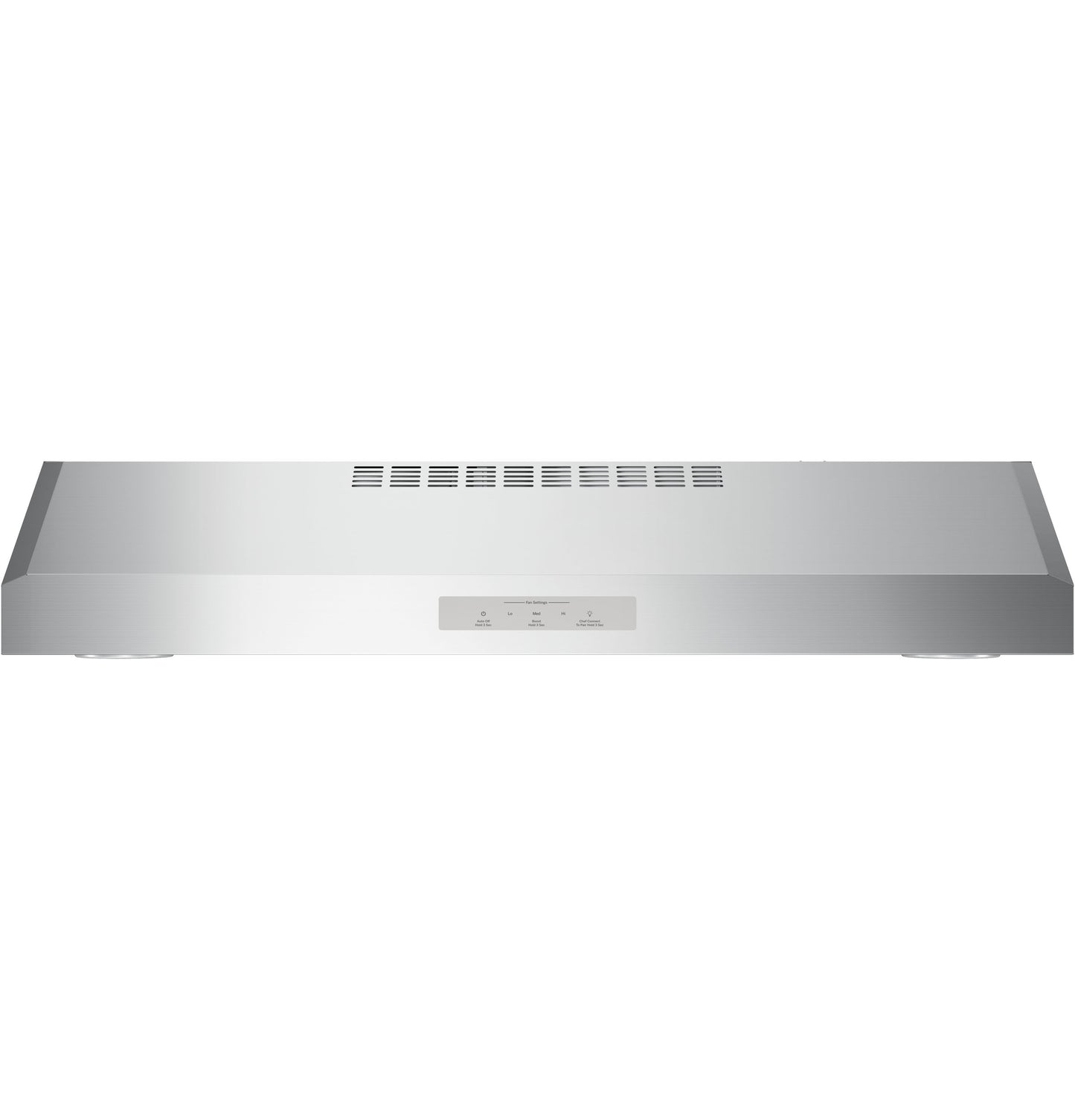 Sleek stainless steel under-cabinet hood with ventilation vents and control panel in range hoods and kitchen appliances collection