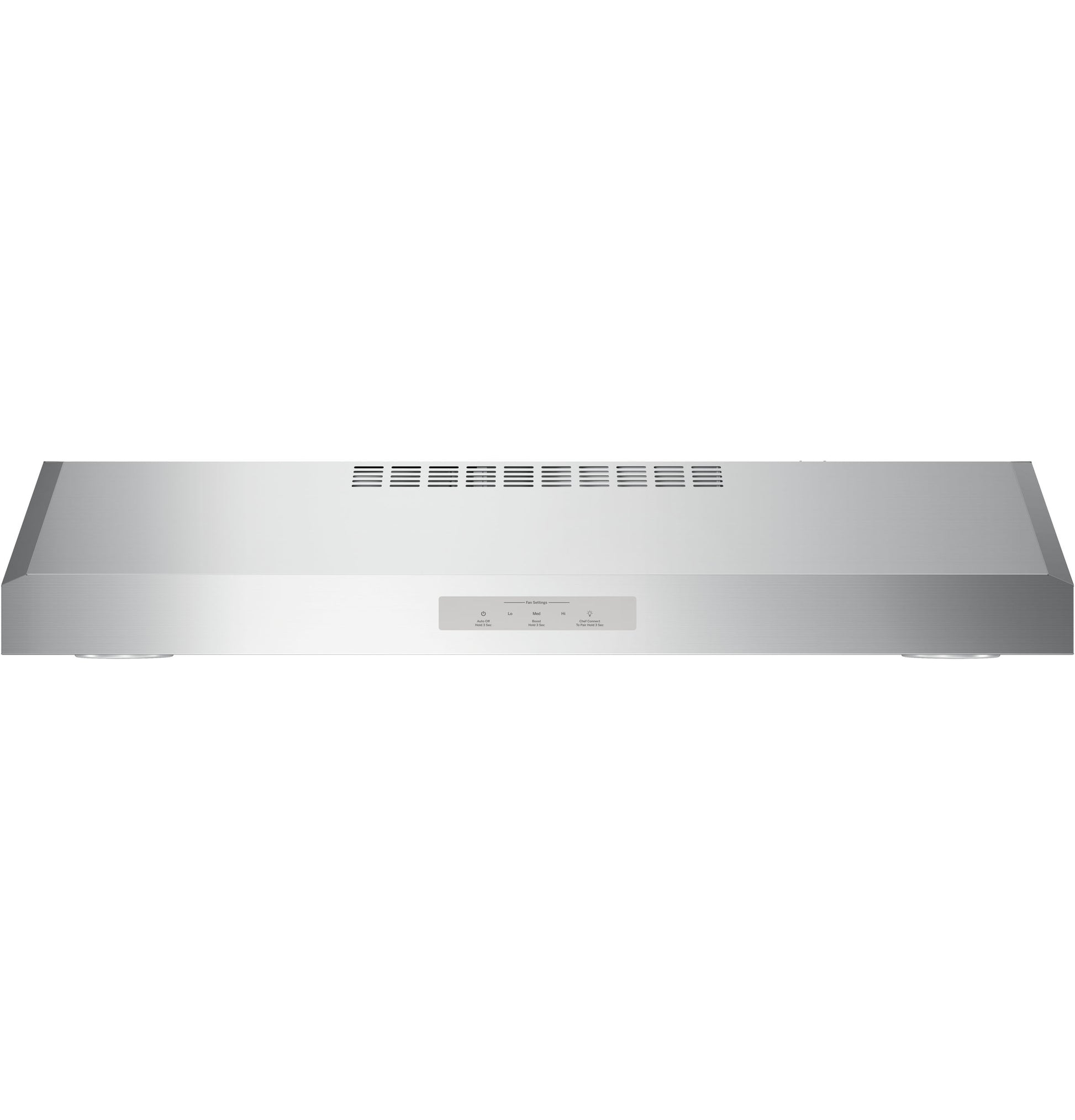 Sleek stainless steel under-cabinet hood with ventilation vents and control panel in range hoods and kitchen appliances collection