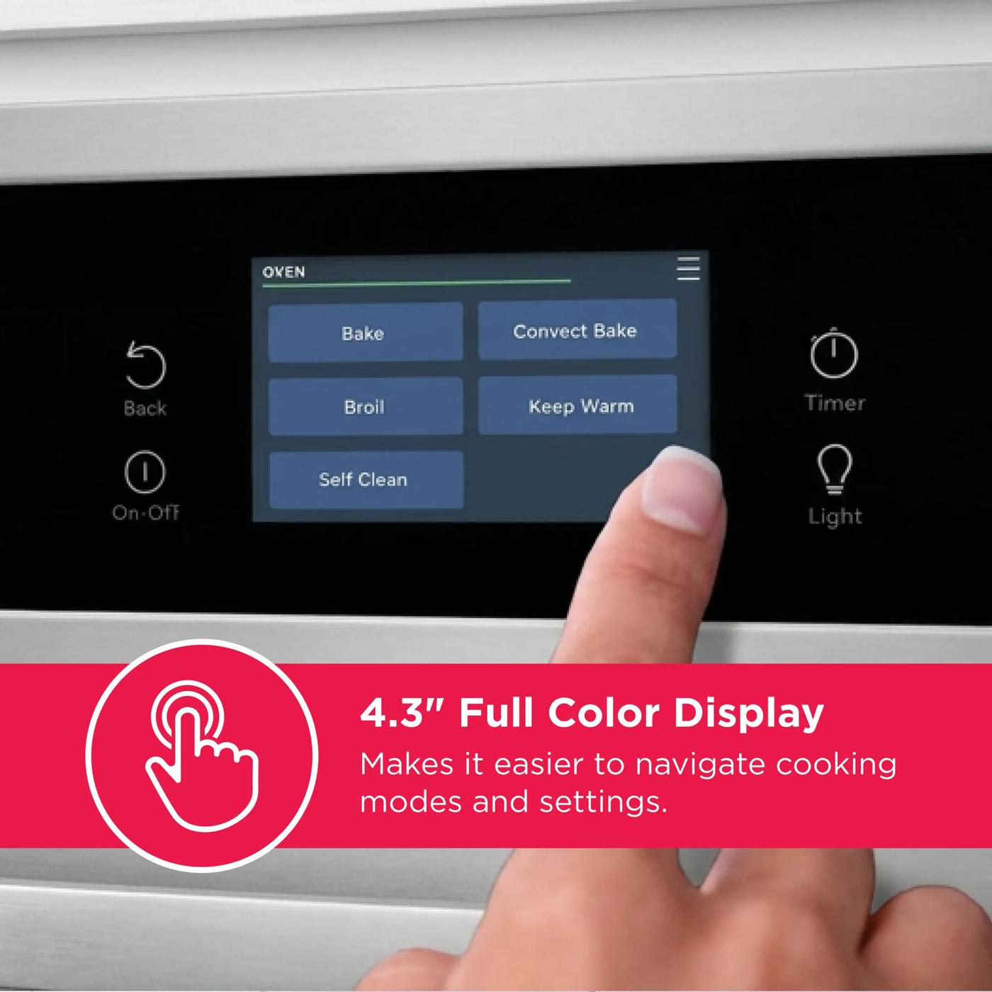 Close-up of 4.3-inch full color touchscreen control panel with cooking mode options on electric wall oven from Appliances collection