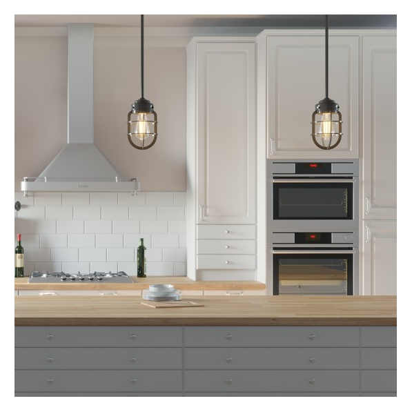 Pair of rustic bronze caged mini pendant lights over a kitchen island with white cabinets and stainless steel appliances