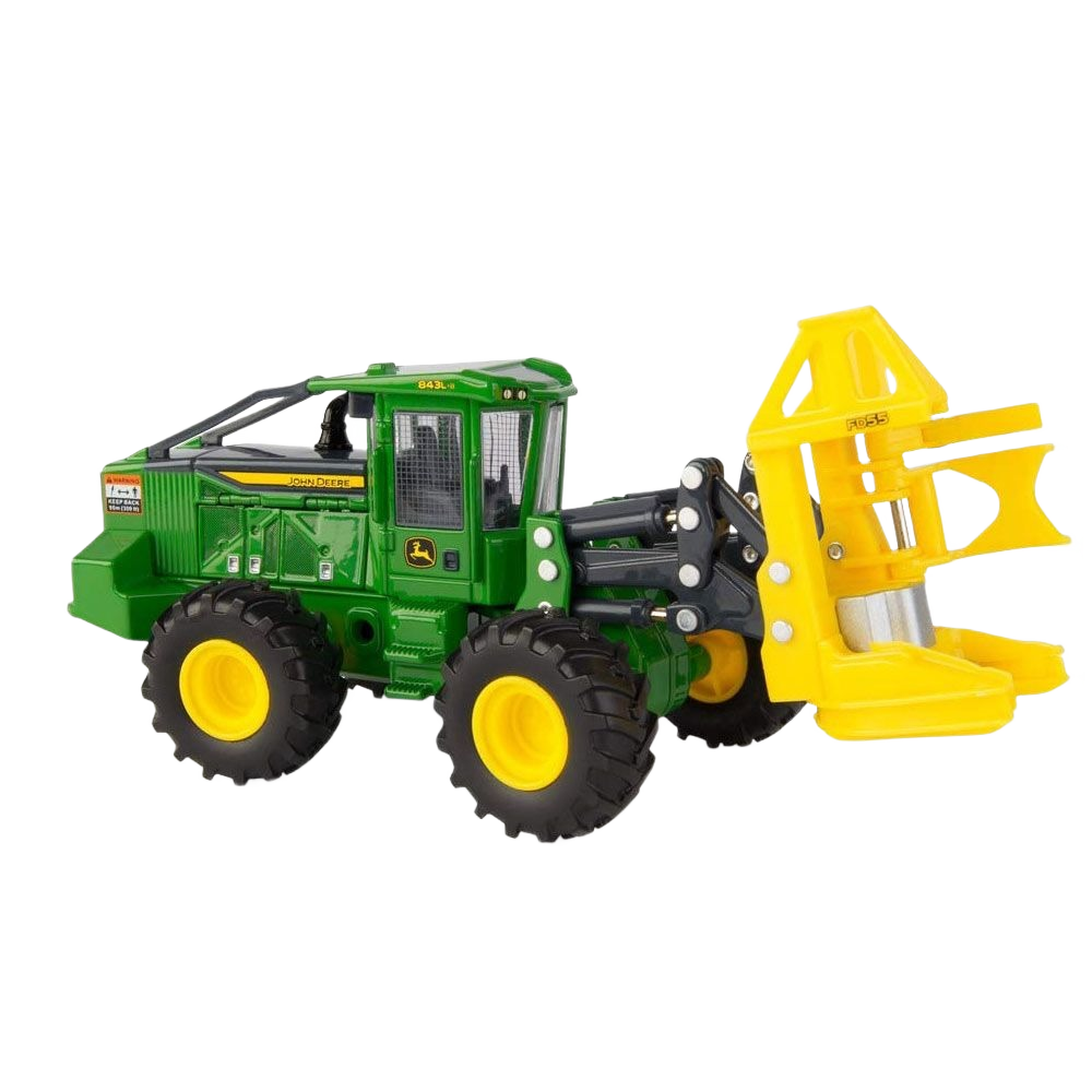Green and yellow 1:50 scale wheeled feller buncher model with detailed cab and front grapple attachment