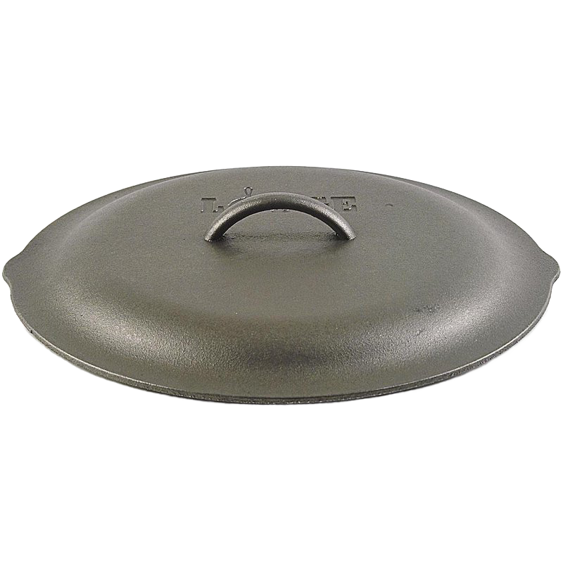 Black cast iron skillet lid with curved handle and self-basting design for kitchen use in Lodge Cast Iron collections