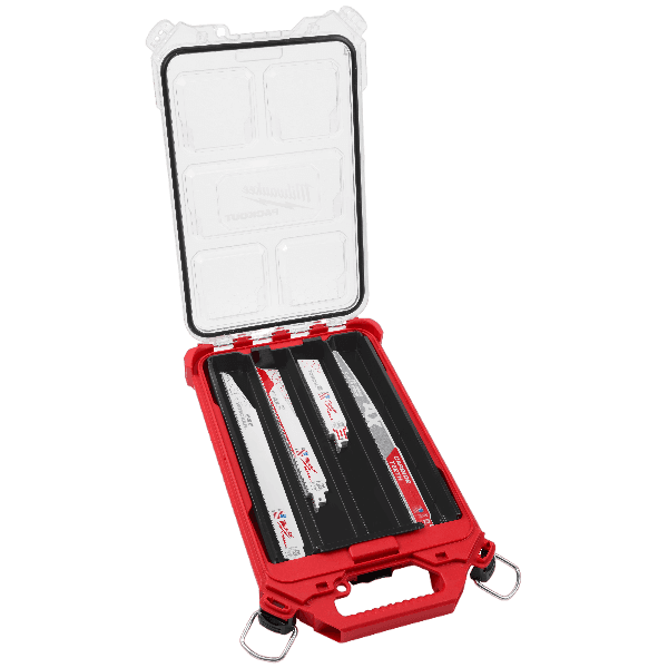 Compact red and clear storage case holding various sharp saw blades for woodworking and power tool accessories collection