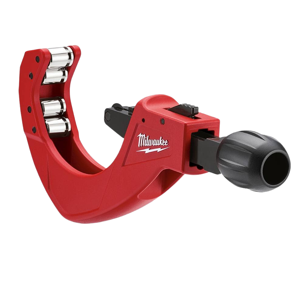 Red plumbing tool with 4 rollers and quick adjustment knob for cutting copper tubing in Milwaukee plumbing tools collection