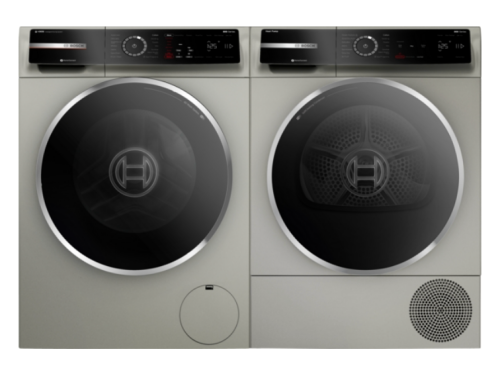 Front view of a pearl steel compact Bosch front load washer and matching dryer from washers and appliances collection
