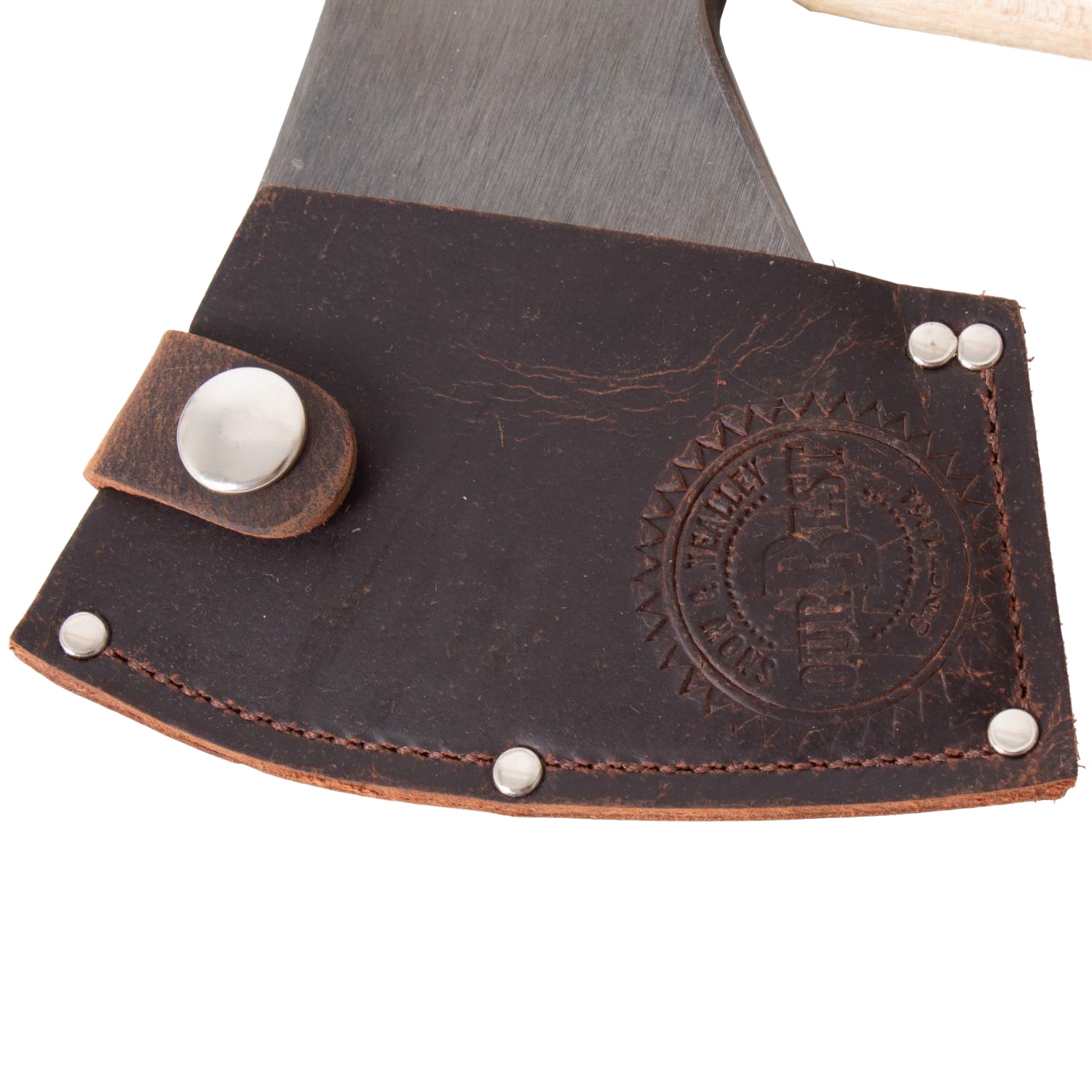 Leather sheath with snap closure and embossed logo on camping axe accessory for outdoor tools and striking tools collections
