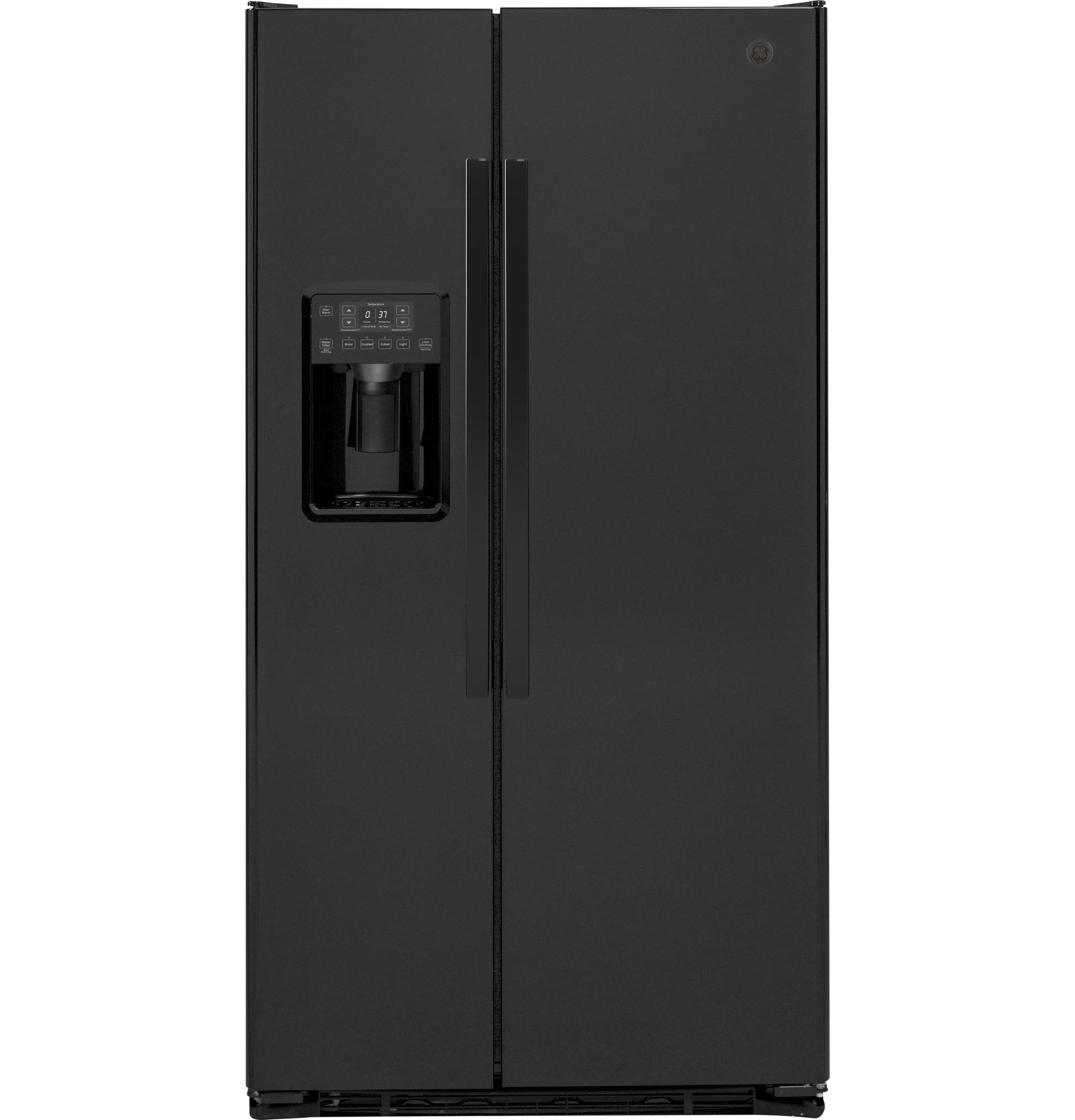 Sleek black side-by-side refrigerator with external water dispenser and digital controls from Kitchen & Kitchenware appliances collection