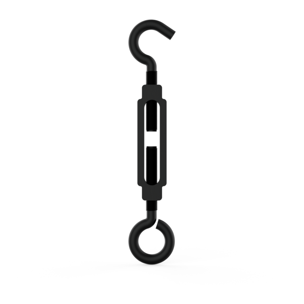 Black hook and eye turnbuckle with tension adjustment for storage and garage organization tools under $50