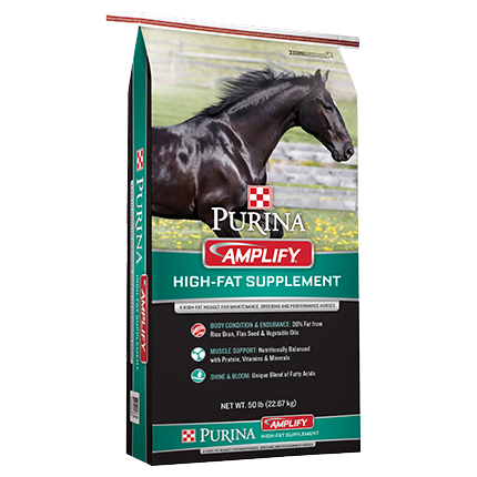 30 lb bag of high-fat horse supplement with muscle support and shine-enhancing fatty acids by Purina Amplify